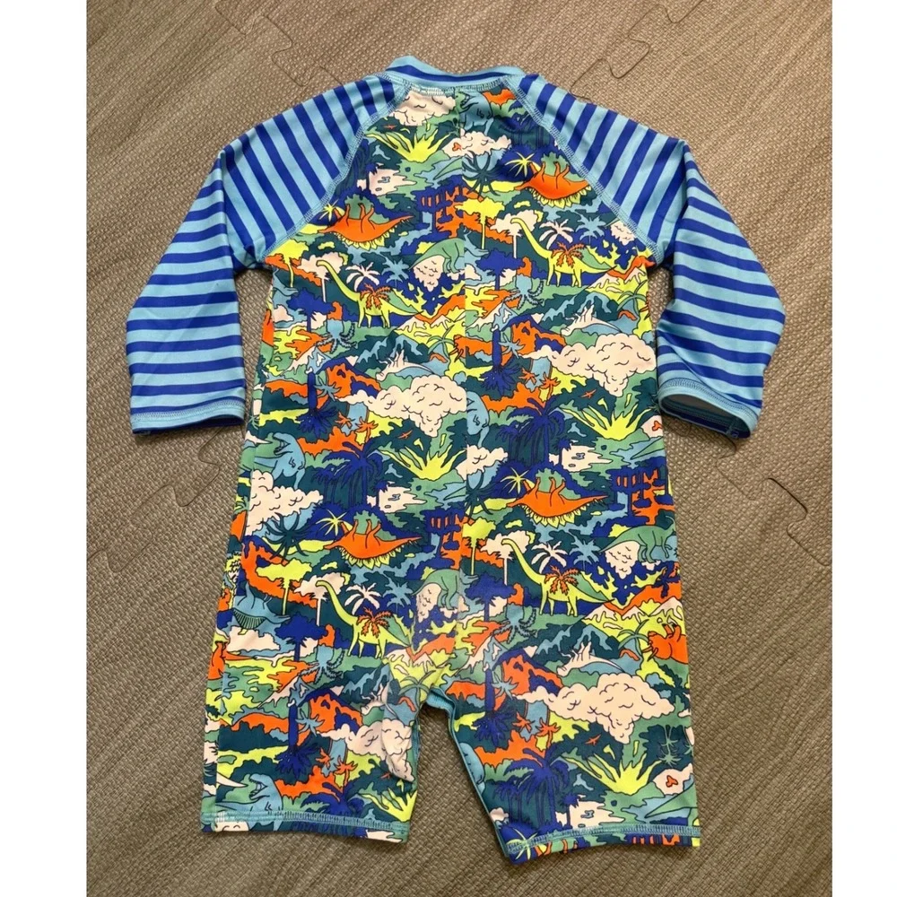 Lands End Baby Boys Dinosaur Rash Guard Swimsuit One Piece Blue 12-18M Snaps